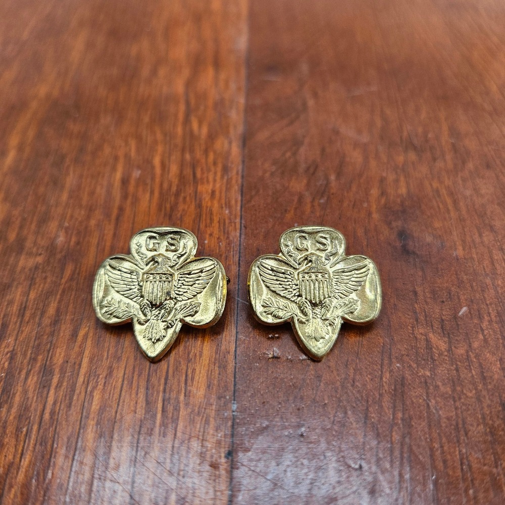 Vintage Girl Scouts GS‎ Pin Badge Set of 2 USA Eagle Crest Gold Tone Metal
